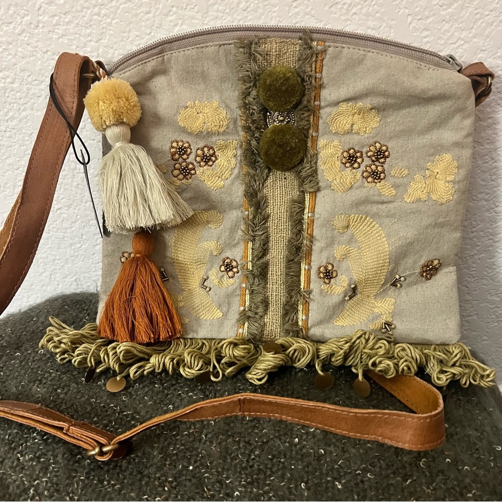 CrossTree Lane Artisan Embroidered Boho Crossbody Bag Fringe Pom Pom Embroidery
